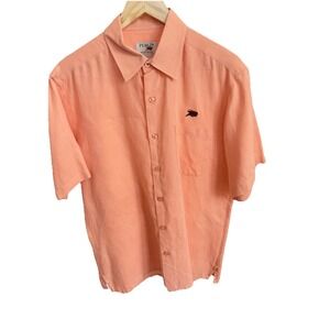 Perlis Shirt Mens Large Cajun Crawfish Pocket Button Up Short Sleeve 100% Linen